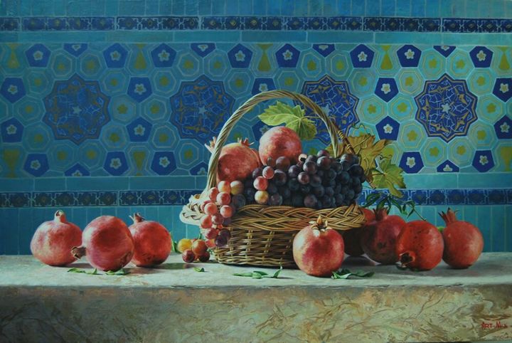 Картина под названием "still-life-in-natio…" - Sohib Razakov, Подлинное произведение искусства, Масло