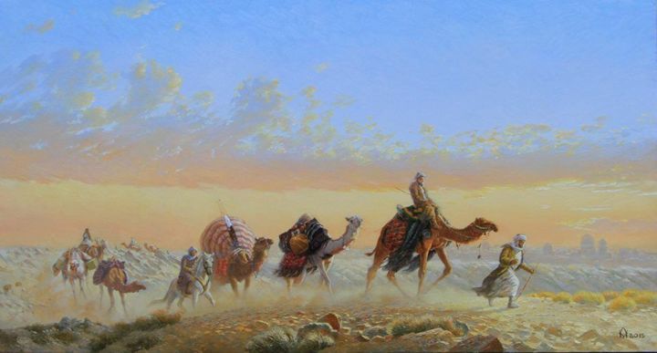 Картина под названием "Return of the carav…" - Sohib Razakov, Подлинное произведение искусства, Масло