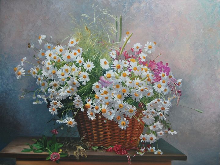 Peinture intitulée "Daisies" par Sohib Razakov, Œuvre d'art originale, Huile
