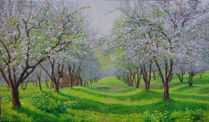 Malarstwo zatytułowany „Blooming Garden” autorstwa Sohib Razakov, Oryginalna praca, Olej