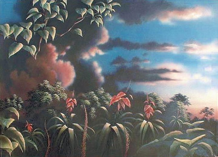 Painting titled "Paradise Dawn" by Raz, Original Artwork, Oil