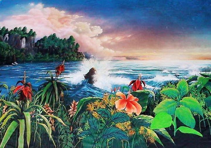 Painting titled "Tropical Romance" by Raz, Original Artwork, Oil