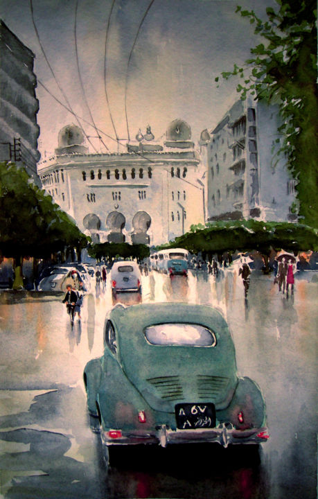 Peinture intitulée "Alger le 4 CV à l'h…" par Abdenasser Rebati, Œuvre d'art originale, Aquarelle