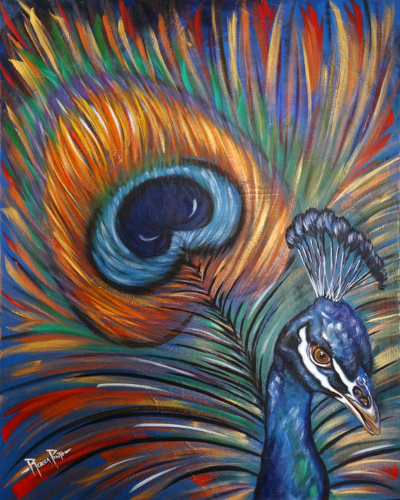 Painting titled "Peacock" by Rebeca Pinto Bottone, Original Artwork, Acrylic
