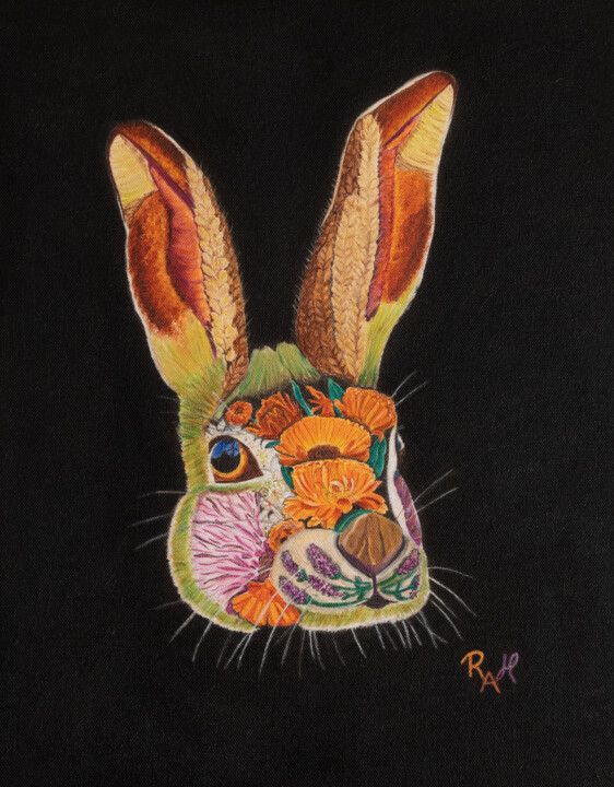 Painting titled "Hare" by Rebecca Allan (R.A.Holland Art), Original Artwork, Oil Mounted on Wood Stretcher frame