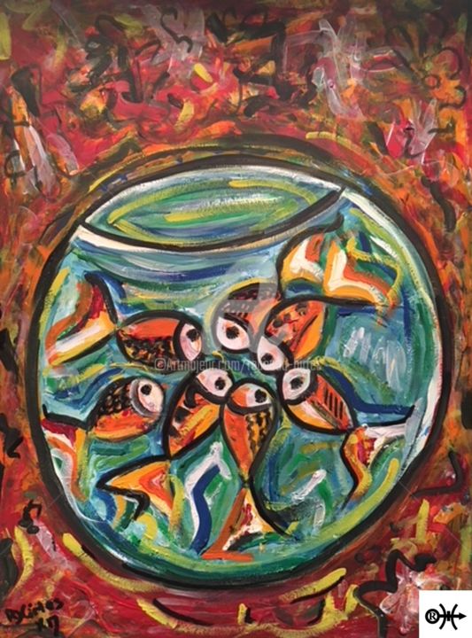 Painting titled "Kissing Fish III" by Rebecca Hirtes, Original Artwork, Acrylic