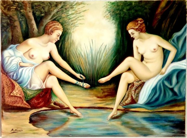 Schilderij getiteld "Mujeres tomando el…" door R. Navarro, Origineel Kunstwerk, Olie