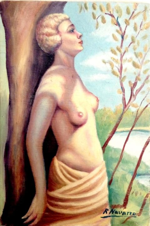 Pintura titulada "Mujer en el bosque" por R. Navarro, Obra de arte original, Oleo