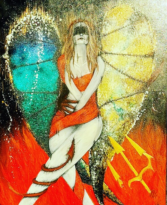 Schilderij getiteld "Fallen Angel" door Red Komar, Origineel Kunstwerk, Olie Gemonteerd op Frame voor houten brancard