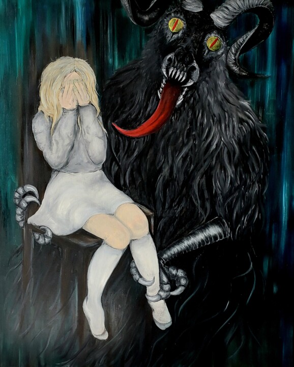 Painting titled "Girl and Monster" by Red Komar, Original Artwork, Oil Mounted on Wood Stretcher frame