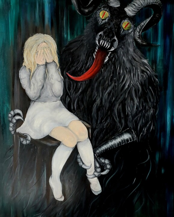 Pittura intitolato "Girl and Monster" da Red Komar, Opera d'arte originale, Olio Montato su Telaio per barella in legno