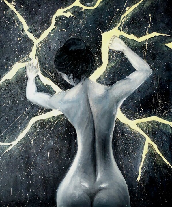Painting titled "Girl and Lightning" by Red Komar, Original Artwork, Oil Mounted on Wood Stretcher frame
