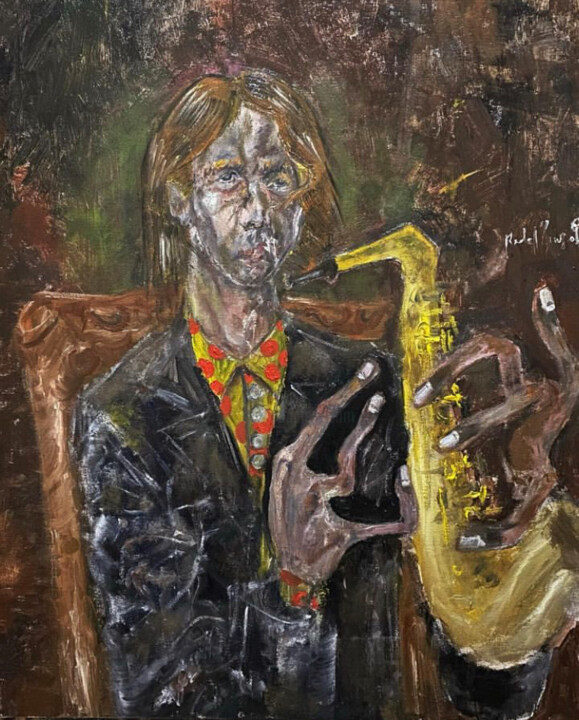 Painting titled "Saxophoniste" by Reda Kanzaoui, Original Artwork, Oil Mounted on Wood Stretcher frame