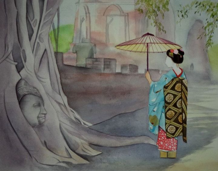 Картина под названием "Japanese Kimono & A…" - Toshiyuki Suzuki, Подлинное произведение искусства, Акварель