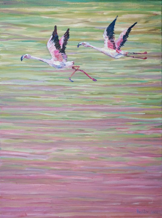 Malerei mit dem Titel "Flying Flamingo" von Redilion, Original-Kunstwerk, Acryl