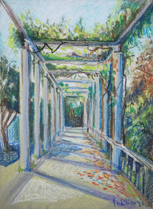 Malerei mit dem Titel "Pergola with Wister…" von Redilion, Original-Kunstwerk, Pastell