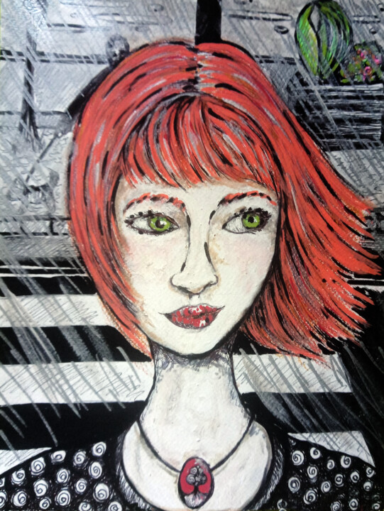 Drawing titled "En Face" by Karine Garelli (Reds Robin), Original Artwork, Marker