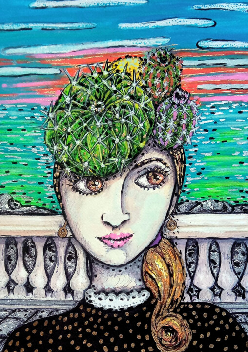 Dessin intitulée "Coiffée de 3 cactus" par Karine Garelli (Reds Robin), Œuvre d'art originale, Gouache