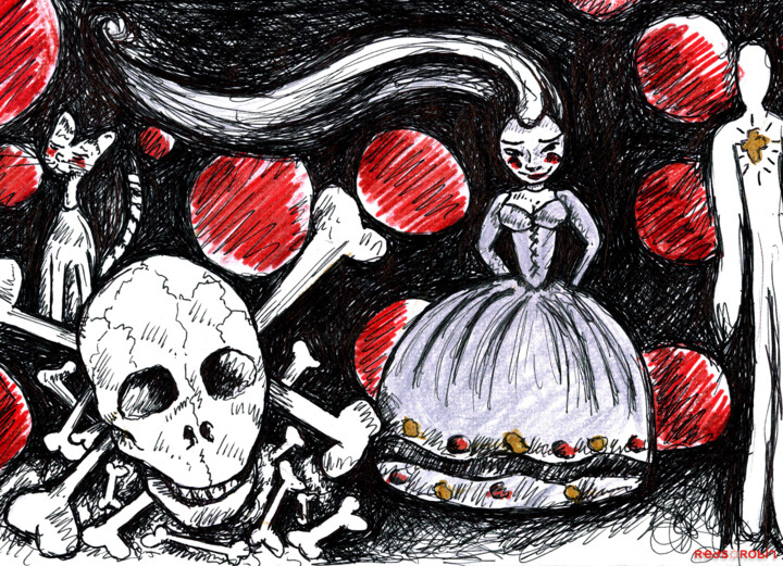 Drawing titled "Ghost Rdv..." by Karine Garelli (Reds Robin), Original Artwork, Ballpoint pen