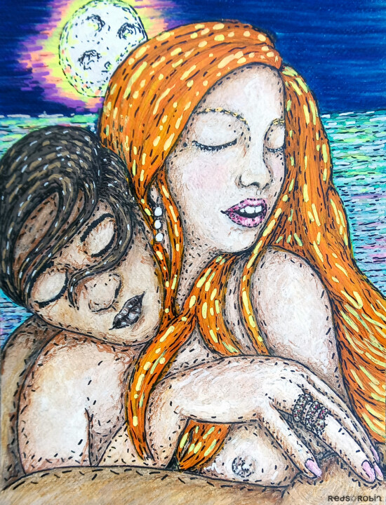 Drawing titled "Etreinte" by Karine Garelli (Reds Robin), Original Artwork, Marker