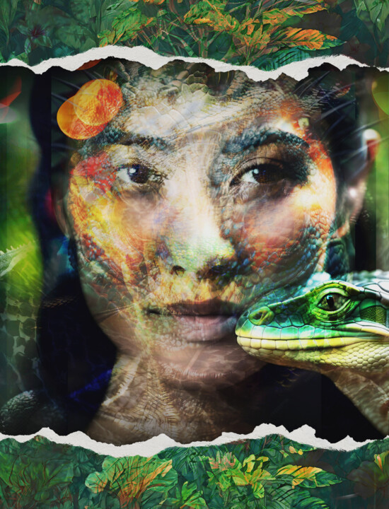 Digital Arts titled "Reptil'Girl" by Karine Garelli (Reds Robin), Original Artwork, AI generated image