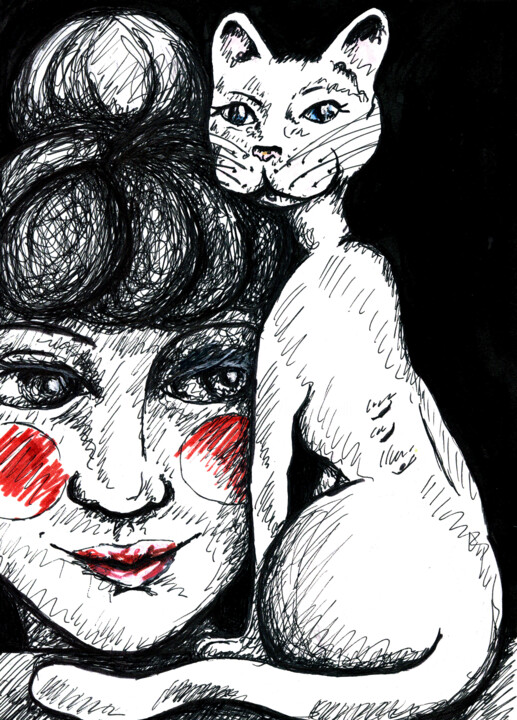 Dessin intitulée "Femme avec Chat" par Karine Garelli (Reds Robin), Œuvre d'art originale, Autre