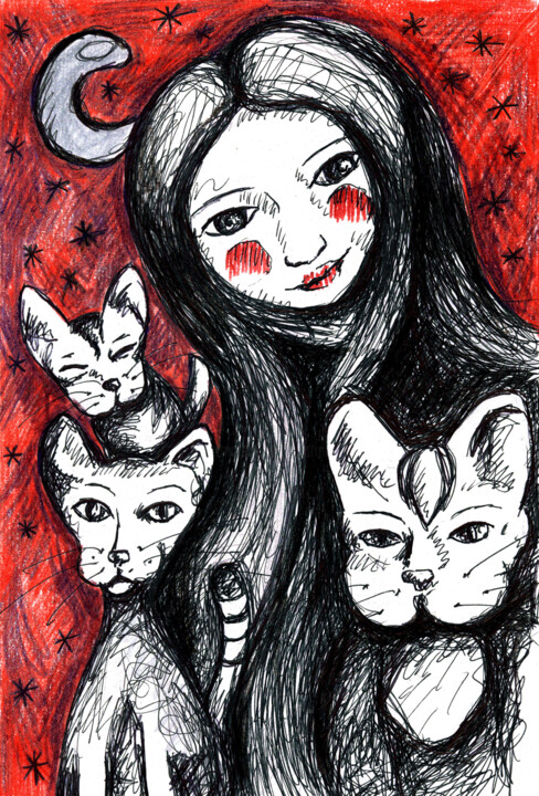 Drawing titled "La Fille des Chats" by Karine Garelli (Reds Robin), Original Artwork, Ballpoint pen