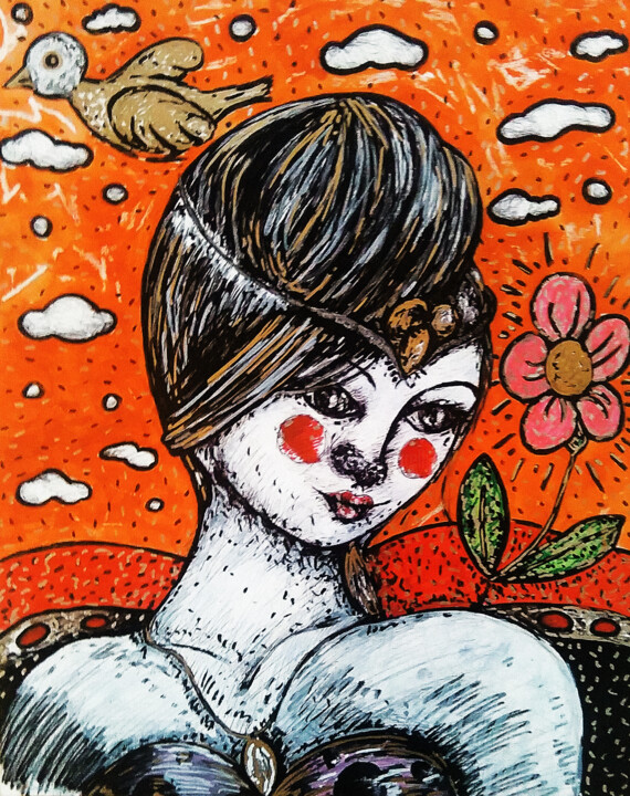 Drawing titled "Fille Fleur" by Karine Garelli (Reds Robin), Original Artwork, Marker