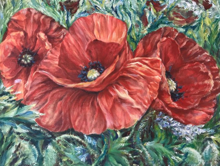 Painting titled ""Red Poppies" flora…" by Reda Pinchera, Original Artwork, Oil