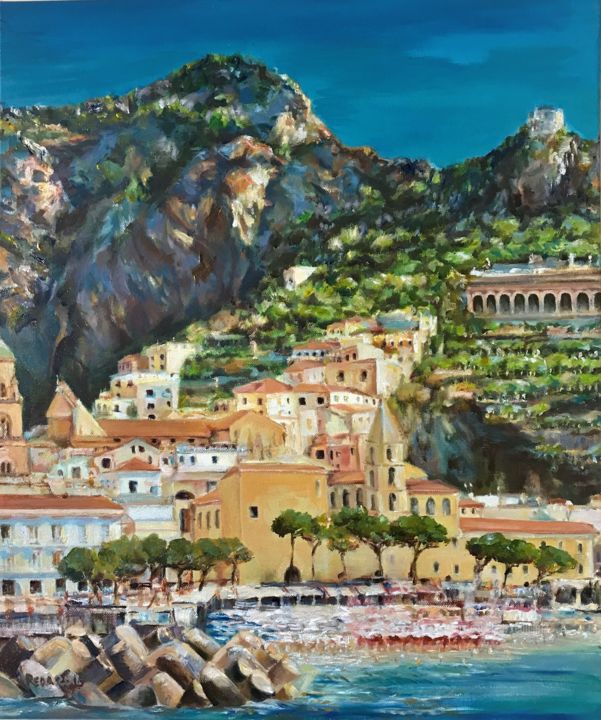 Painting titled ""Amalfi Coast, Medi…" by Reda Pinchera, Original Artwork, Oil