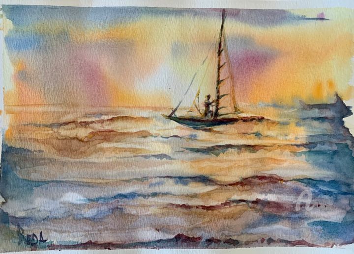 Картина под названием "“Evening sailing”" - Reda Pinchera, Подлинное произведение искусства, Акварель