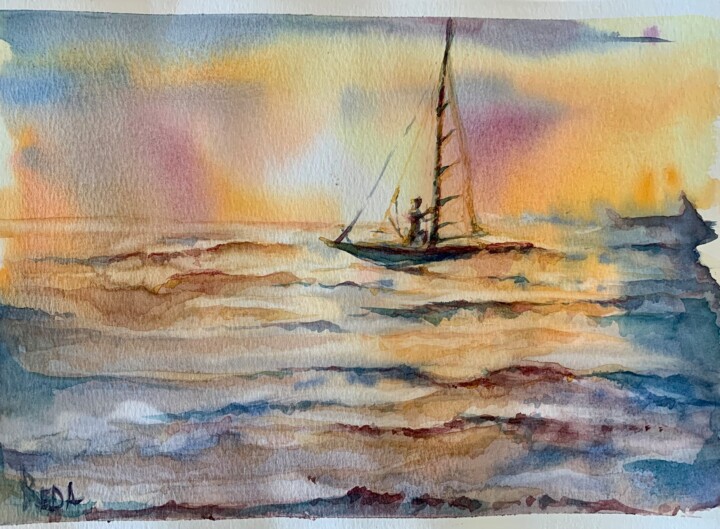 Schilderij getiteld "“Evening sailing”" door Reda Pinchera, Origineel Kunstwerk, Aquarel