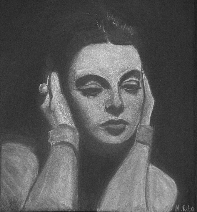 Drawing titled "Mysterious Hedy" by Marit Refsnes, Original Artwork, Pastel Mounted on Glass