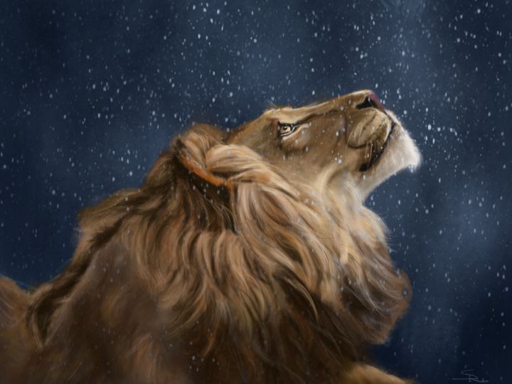 Artes digitais intitulada "Lion in The Snow" por Sara-Rahel Roulet, Obras de arte originais, Pintura digital