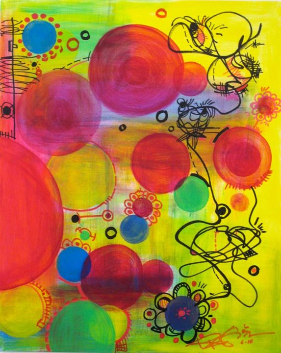 Painting titled "Bubbles in Yellow R…" by Regiaart, Original Artwork, Acrylic