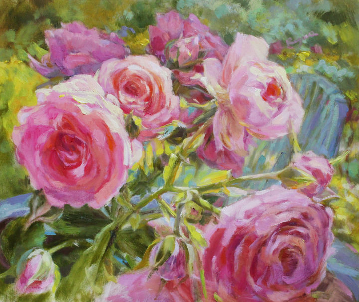 Painting titled "Flowering pink rose…" by Regina Butkuviene, Original Art, Oil