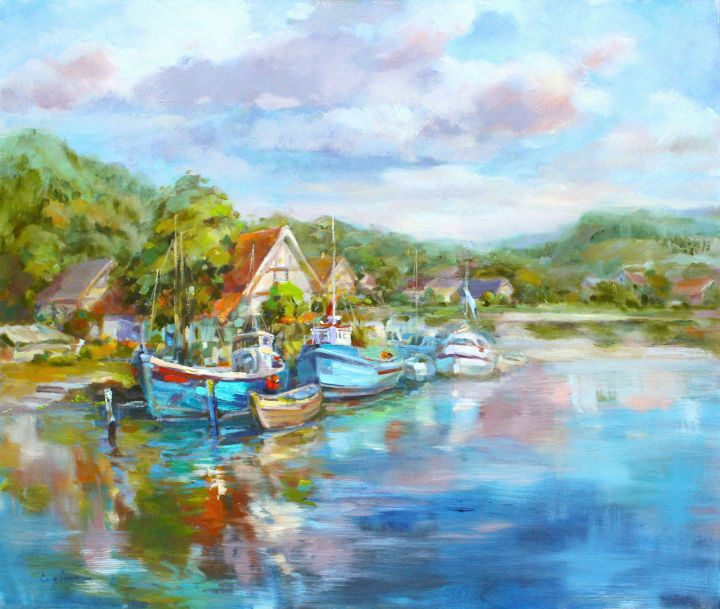 Painting titled "Sleepy fisherman wh…" by Regina Butkuviene, Original Art, Oil Mounted on Stretcher frame