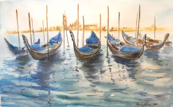 Картина под названием "Venice, gondola lan…" - Regina Ishina, Подлинное произведение искусства, Акварель