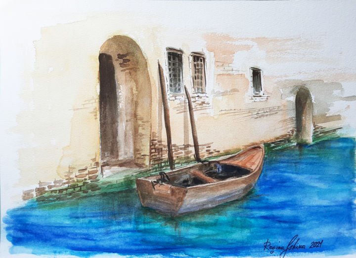 Картина под названием "Boat" - Regina Ishina, Подлинное произведение искусства, Акварель