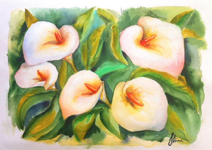 Картина под названием "White calla lilies" - Regina Ishina, Подлинное произведение искусства, Акварель
