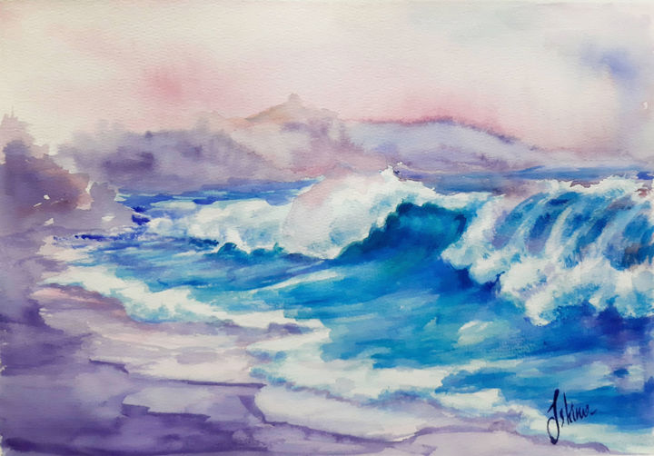 Картина под названием "Sea wave" - Regina Ishina, Подлинное произведение искусства, Акварель