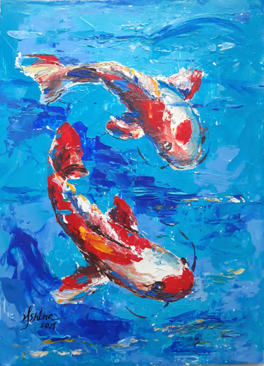 Картина под названием "Koi fish feng shui" - Regina Ishina, Подлинное произведение искусства, Акрил