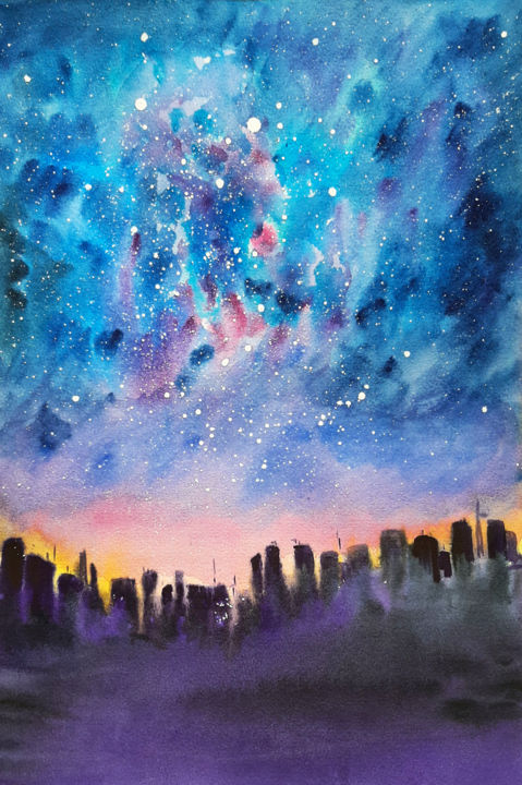 Картина под названием "Starry night in tow…" - Regina Ishina, Подлинное произведение искусства, Акварель