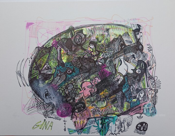 Рисунок под названием "In the head" - Regina Kehrer, Подлинное произведение искусства, Маркер