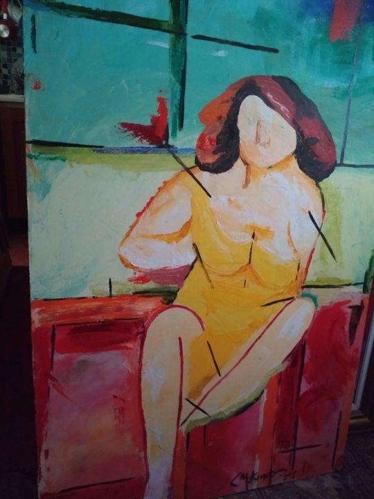 Pintura intitulada "Mulher Meditando" por Toshie, Obras de arte originais, Óleo
