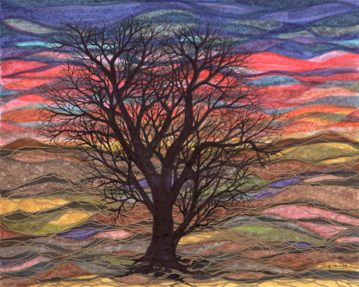 Dessin intitulée "Abstract Sunset" par Regina Valluzzi, Œuvre d'art originale, Encre