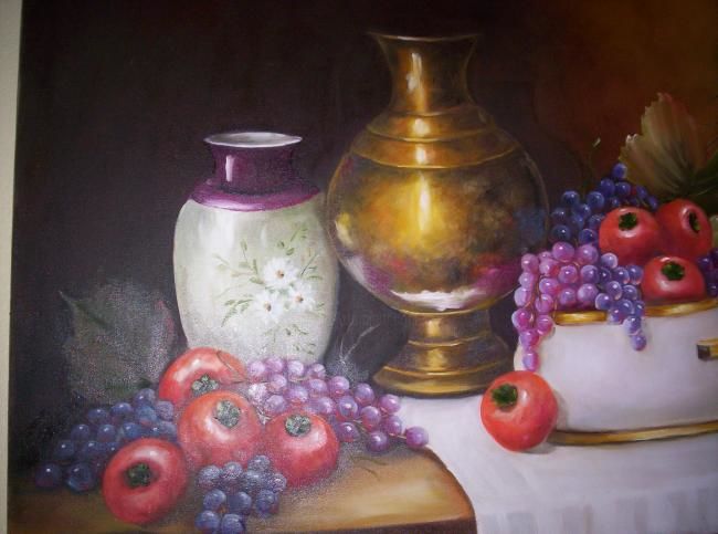 Pintura intitulada "UVAS E CAQUIS - NAT…" por Regina Schwingel, Obras de arte originais