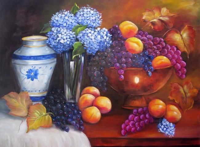 Painting titled "HORTENSIAS E FRUTAS" by Regina Schwingel, Original Artwork