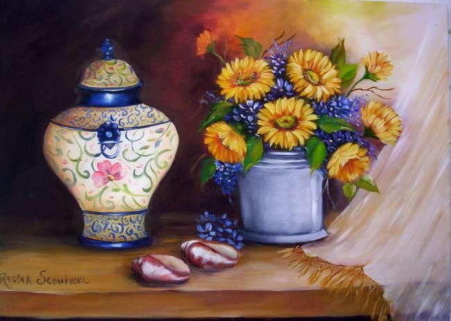 Painting titled "POTICHE E FLORES" by Regina Schwingel, Original Artwork