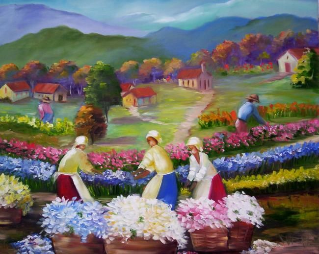 Pintura intitulada "A colheita das flor…" por Regina Schwingel, Obras de arte originais